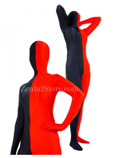 Full Body Half Red Half Black Spandex Zentai Suit