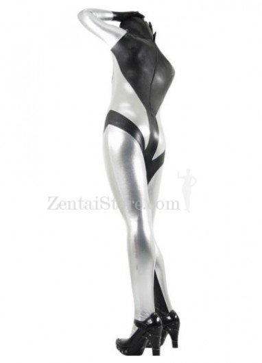 Classic Black And Silver Shiny Metallic Zentai Suit
