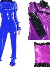 Supply Women Wet Look Fetish PVC Lotus Leaf Party Rompers Rubber Long Jumpsuit Puff Long Sleeve One piece Bodycon Catsuit Wet Look Fetish PVC Costumes Skin Suits