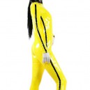 Yellow Front Open With Stripe Pattern Shiny PVC Catsuit