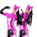 Purple Cat Woman Shiny Metallic Catsuit with Black Gloves
