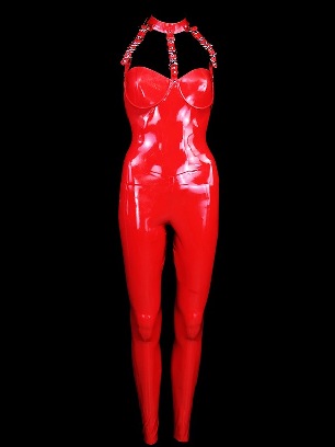 Women Skinsuit Latex Tight Sexy One-piece Red Halterneck Rivet Skinsuit Latex Jumpsuits
