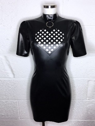 Skinsuit Latex Dresses Sexy Heart-shaped Grid Short Sleeves High Stretch Shiny Black Wrap Hips Skinsuit Latex Dress