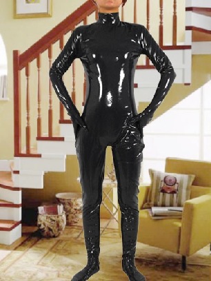 Women Wet Look Fetish Skin Suits PVC Body Suit Black Shiny Metallic Catsuit