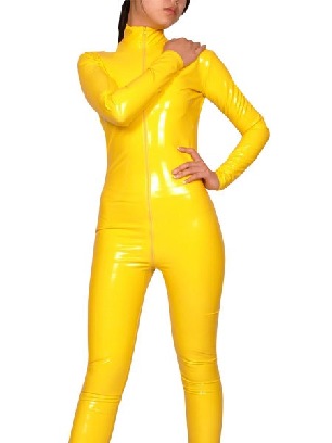 Shiny Wet Look Fetish Skin Suits PVC Catsuit Yellow Long Sleeves Body Suit Front Zipper Unisex Catsuits