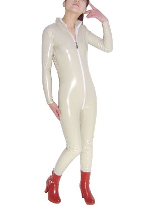 Sexy Ivory Wet Look Fetish PVC Shiny Metallic Catsuit with Zipper Unisex Halloween Wet Look Fetish PVC Costumes Skin Suits