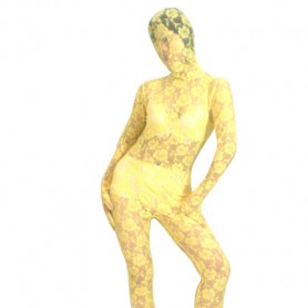 Yellow Transparent Lace Velour Zentai Suit