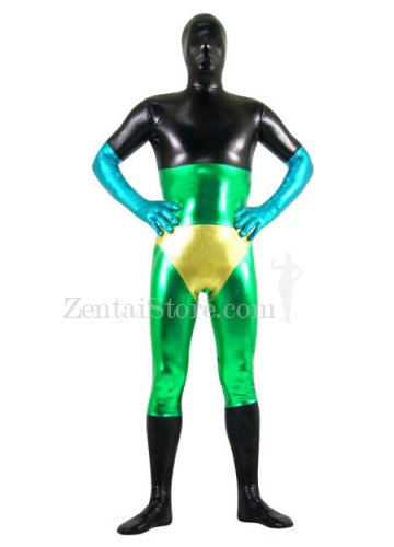 Black Green Blue And Gold Shiny Metallic Zentai Suit