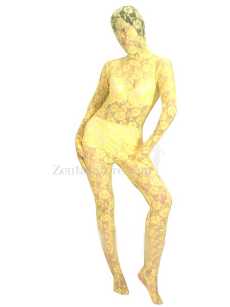 Yellow Transparent Lace Velour Zentai Suit