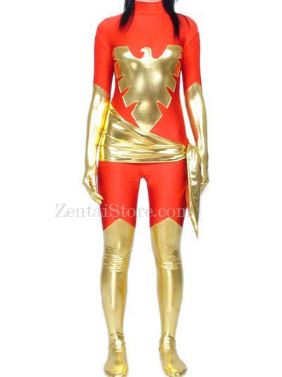 Red Lycra Spandex Unisex Catsuit with Gold Shiny Metallic Phoenix