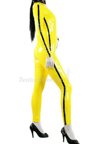 Yellow Front Open With Stripe Pattern Shiny PVC Catsuit