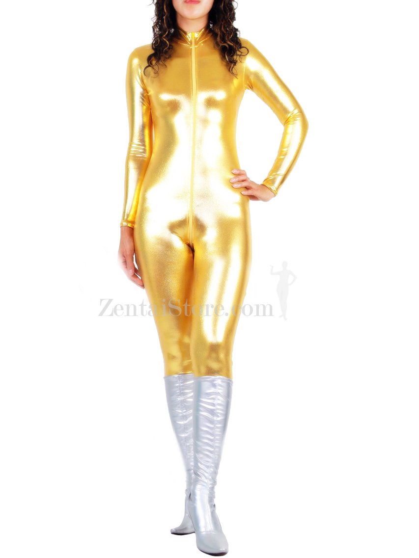 Golden Shiny Metallic Front Open Unisex Catsuit